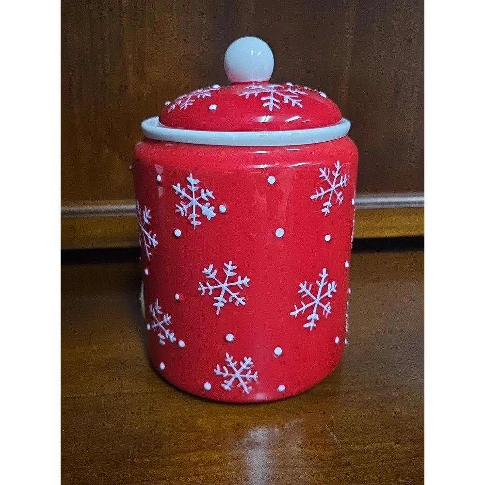 Red Christmas Cookie Jar‎ Hallmark Snowman Holiday Snowflake Candy Cane